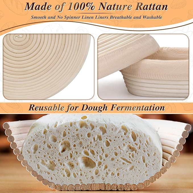 Banneton Basket Set of 2, 10" Oval & 9.7" Round Banneton Bread Proofing Basket with Liners, Bread Lame, Silicone Baking Mat, Danish Whisk, Brush, Proofing Bowls Sourdough Starter Kit Tools