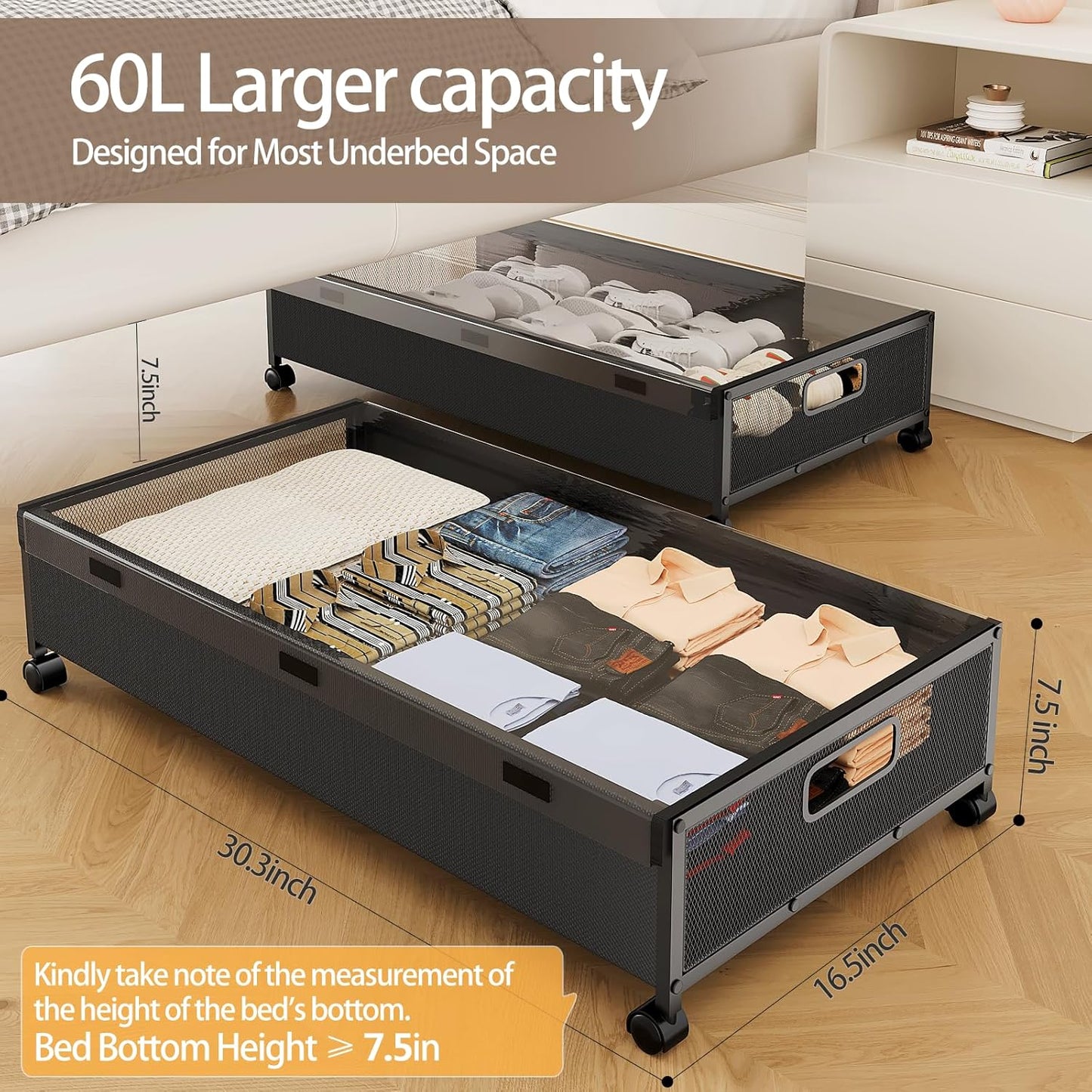 KITHELP Under Bed Storage Containers with Wheels, 2 Pack Underbed Shoe Storage Organizer with Removable Lids, Large Rolling Under Bed Storage Dresser Drawers for Clothes Toys Shoes Blankets