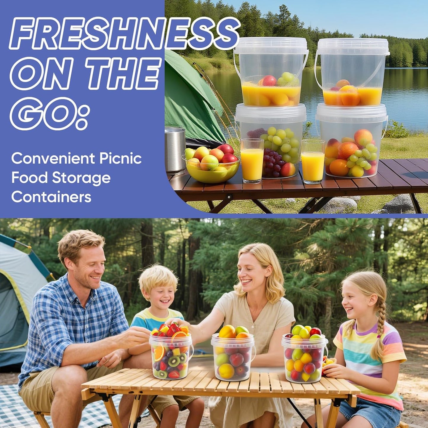 4Pack 34oz Clear Bucket with Lids - Plastic Food Storage Containers, Airtight Screw-On Lids - Freezer Safe Ice Cream Bucekts, Food Grade Reusable Containers for Kitchen