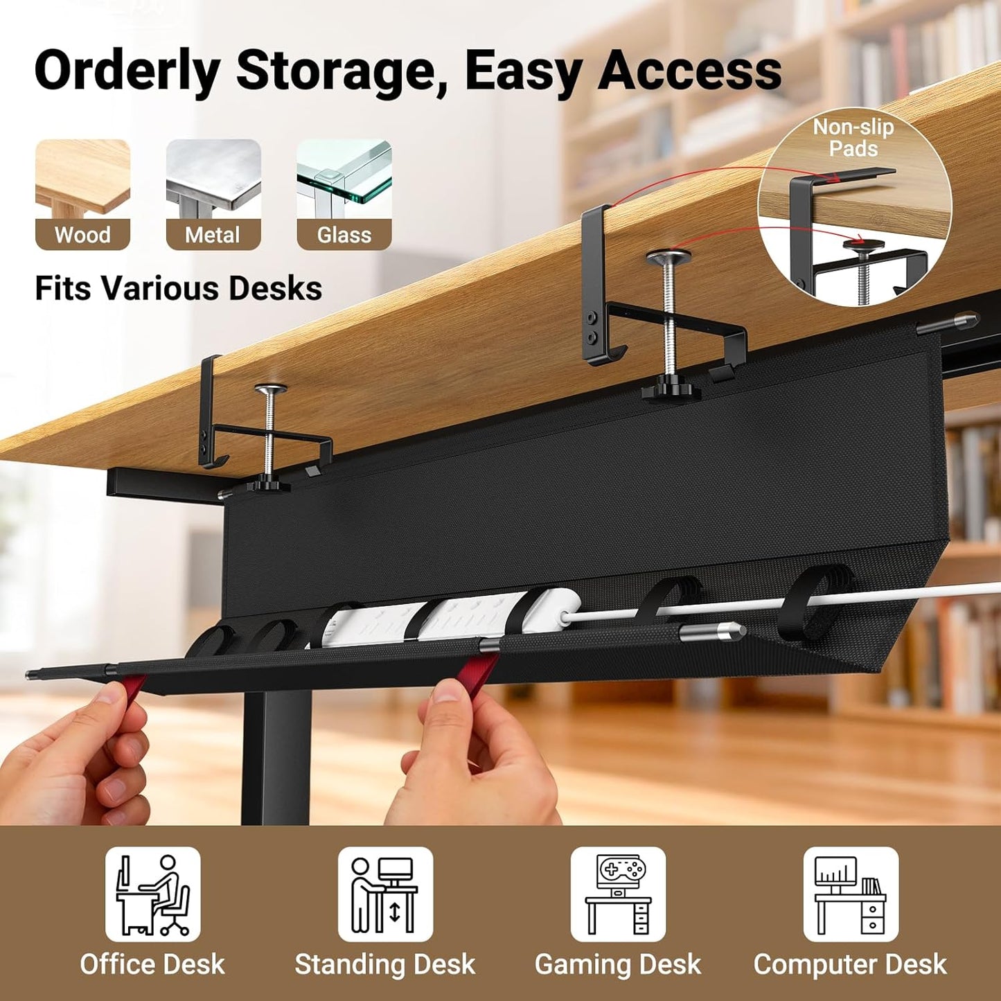 Housolution Under Desk Cable Management Tray, 36'' Longer Cord Management Under Desk, Premium Fabric Cable Storage Organizer, No Drilling Clamp/Screw Mount Cord Organization Tray for Office Home