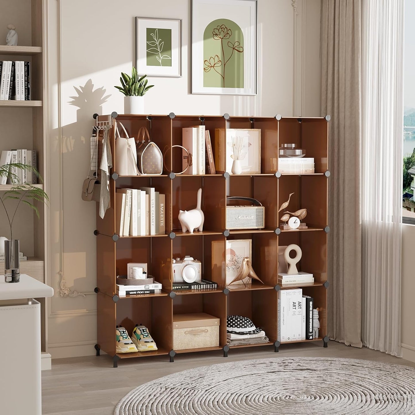 AWTATOS Cube Storage Organizer, Storage Cubes Shelves Bookshelf, 16 Cube Closet Organizers and Storage, DIY Stackable Plastic Clothes Organizer Shelving for Bedroom, Home Office, Cocoa Brown