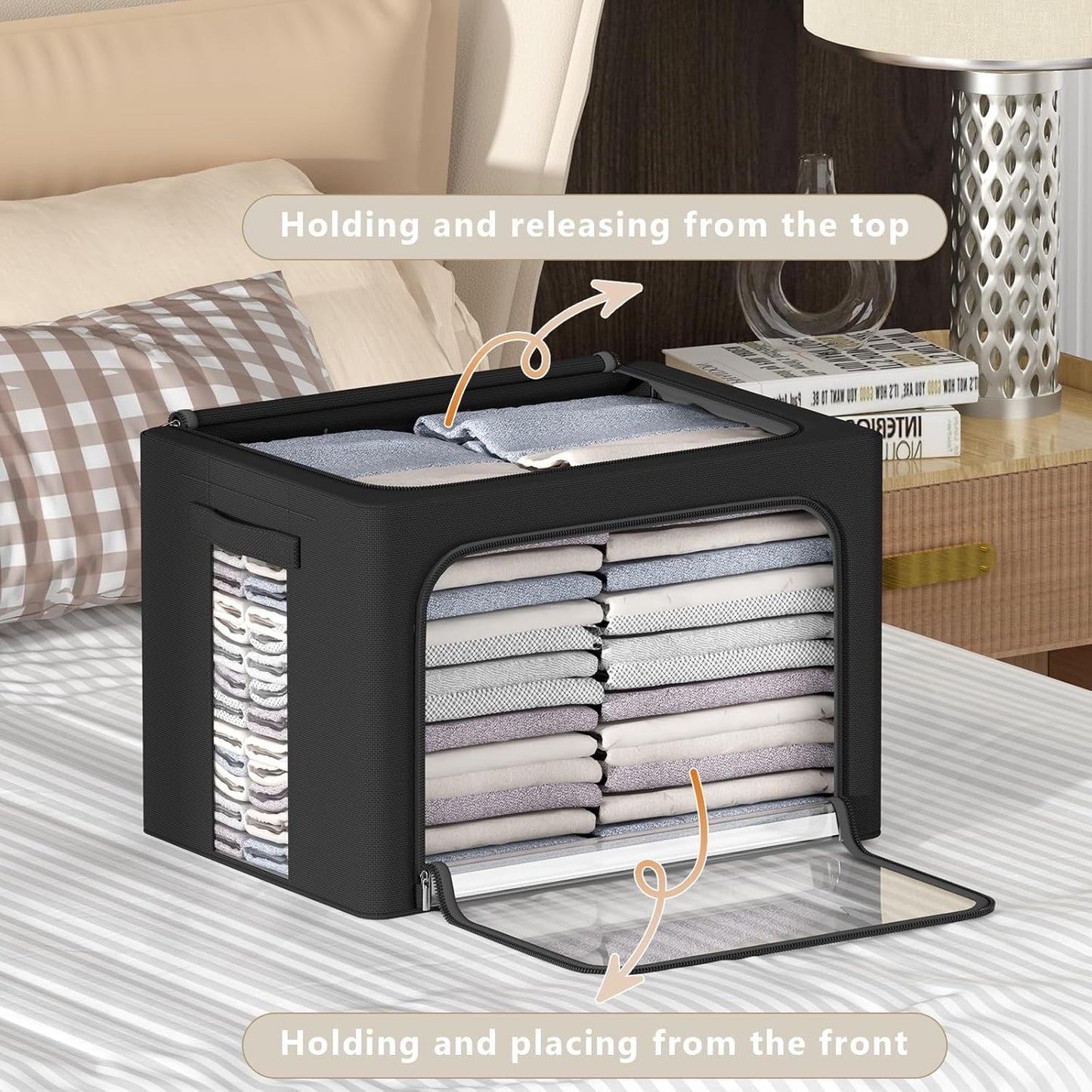 3Pack Frame Storage Box - Clothes Storage Bin Bags Oxford Fabric Foldable Stackable Container Organizer Set with Clear Window & Carry Handles (Black, X-Small-36L)