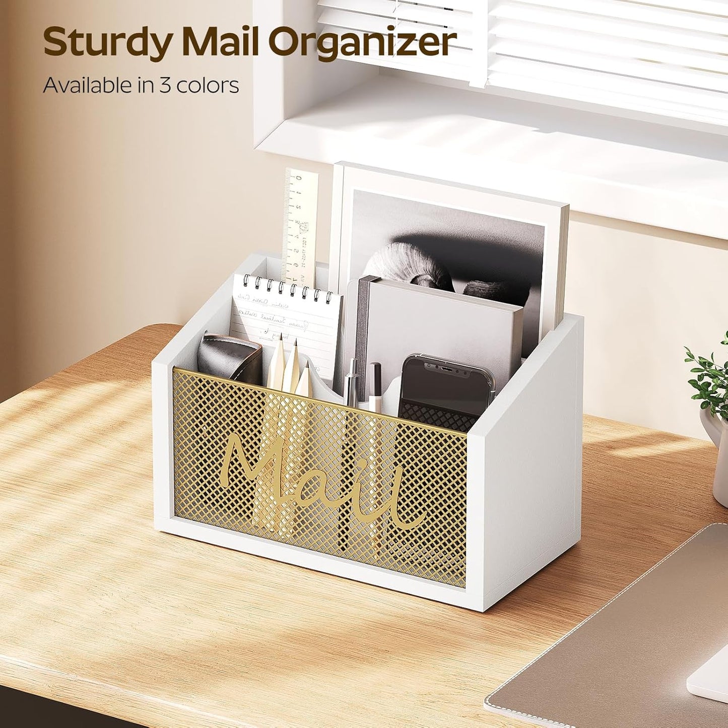 Mail Organizer Countertop, Mail Holder with 3 Slots, Mail Sorter for Desk, Wooden Office Desk Organizer, Mail Organizer for Magazines, Files, Papers, Folders, White and Gold MR03DW