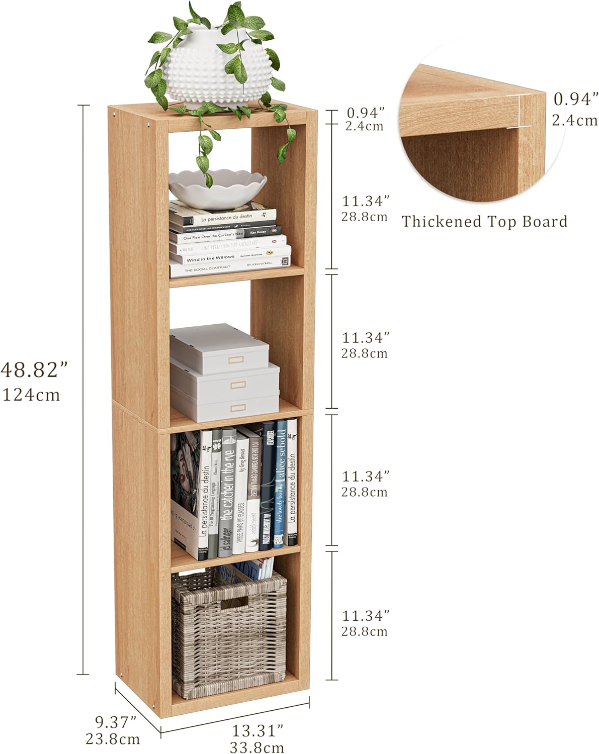 Cube Storage Organizer Bookcase, Small 4 Tier 11 inch Open Back Cubical Shelf with Thickened Border, Display Bookshelf for Living Room, Home Office, Sturdy Room (Natural Oak, 4 Cube,Vertical)