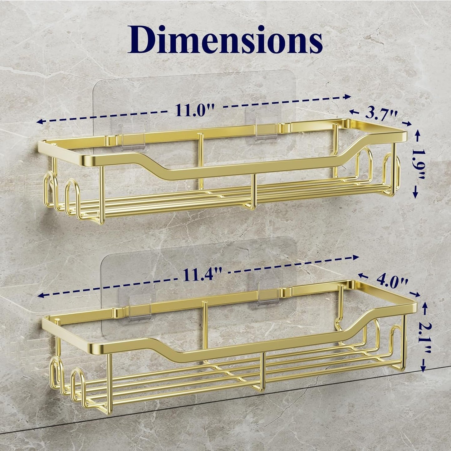 Kitsure Shower Caddy Large - Adhesive Shower Organizer, Stainless Steel Shelf for Inside Shower, No Drill Bathroom Organizers and Storage, Home Decor Accessories, 2 Pack, Gold