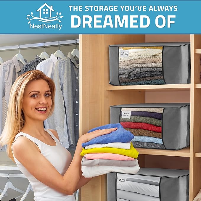 NestNeatly Large Capacity Clothes Storage Bag Organizer with Reinforced Handle for Comforters, Blankets, Bedding, Foldable with Sturdy Zipper, Clear Window, 3 Pack, Gray