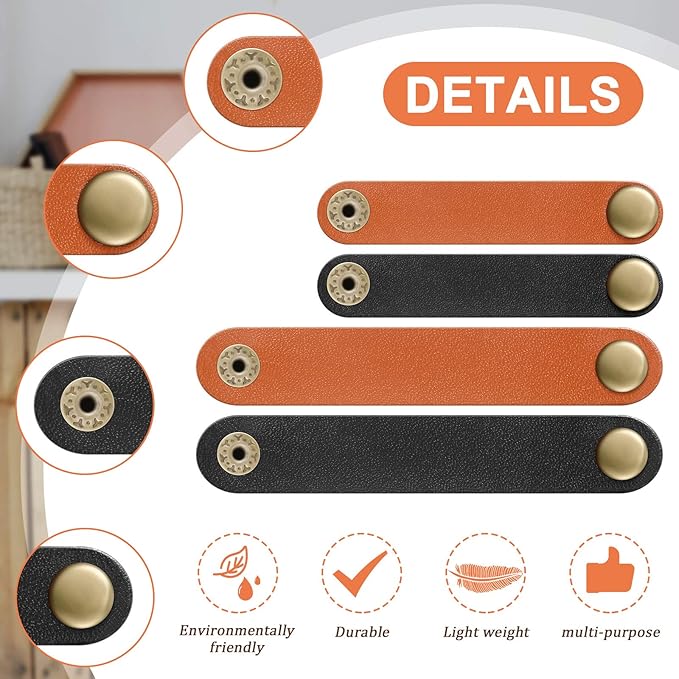 52 Pieces PU Leather Cable Straps, Earbud Cord Organizer, PU Leather Handmade Portable USB Cord Holder, Earphone Cable Tie Cable Management, for Travel, Home, School, Office (Black, Brown)