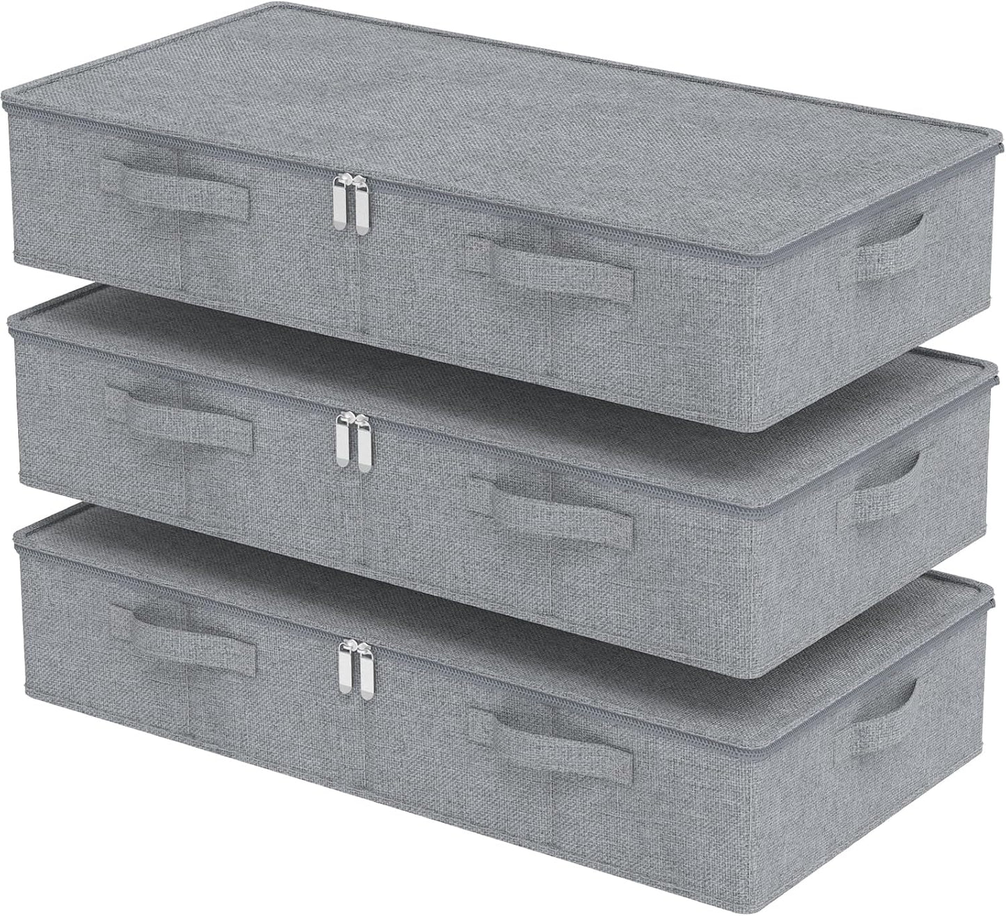 Underbed Storage Box, Foldable Under Bed Bins Container, Organizer Baskets with Lid for Organizing Clothes, Sheets, Pillows, Comforter, 31.4x15.7x5.9in, Grey, 3 Pack