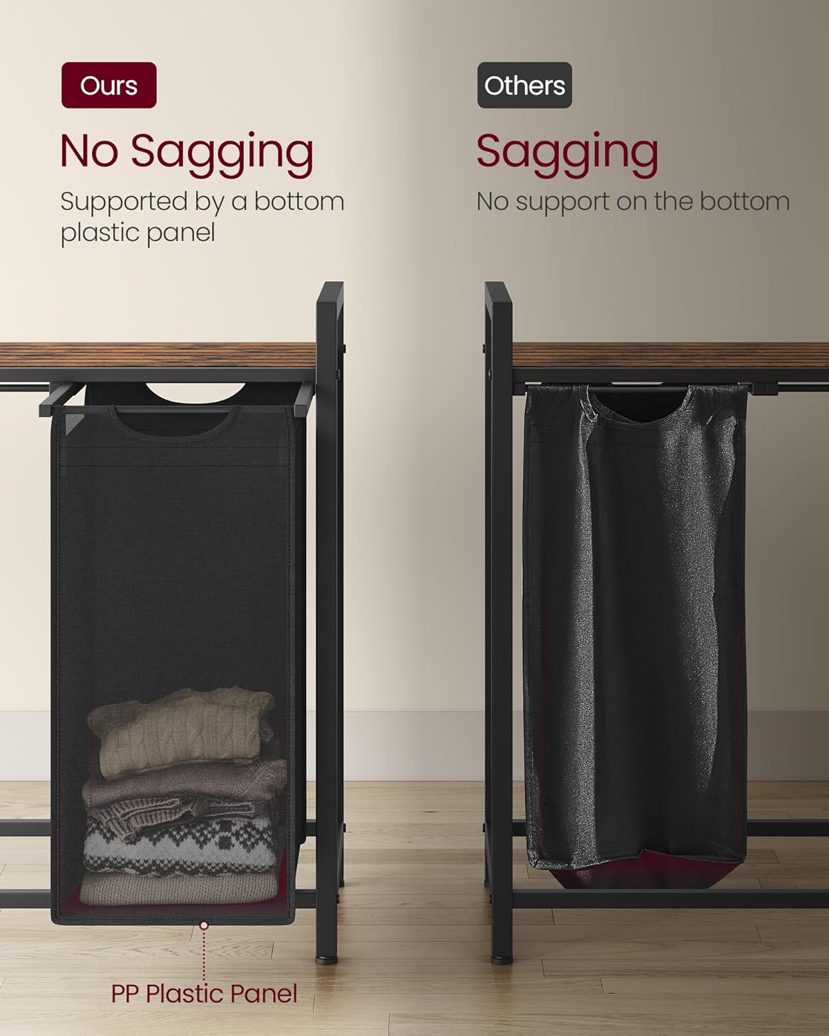 VASAGLE Laundry Hamper, Laundry Basket, Laundry Sorter with 5 Pull-Out and Removable Bags, Shelf, Metal Frame, 5 x 10.6 Gallons (40 L), 56.5 x 13 x 28.4 Inches, Ink Black and Rustic Brown UBLH501B01