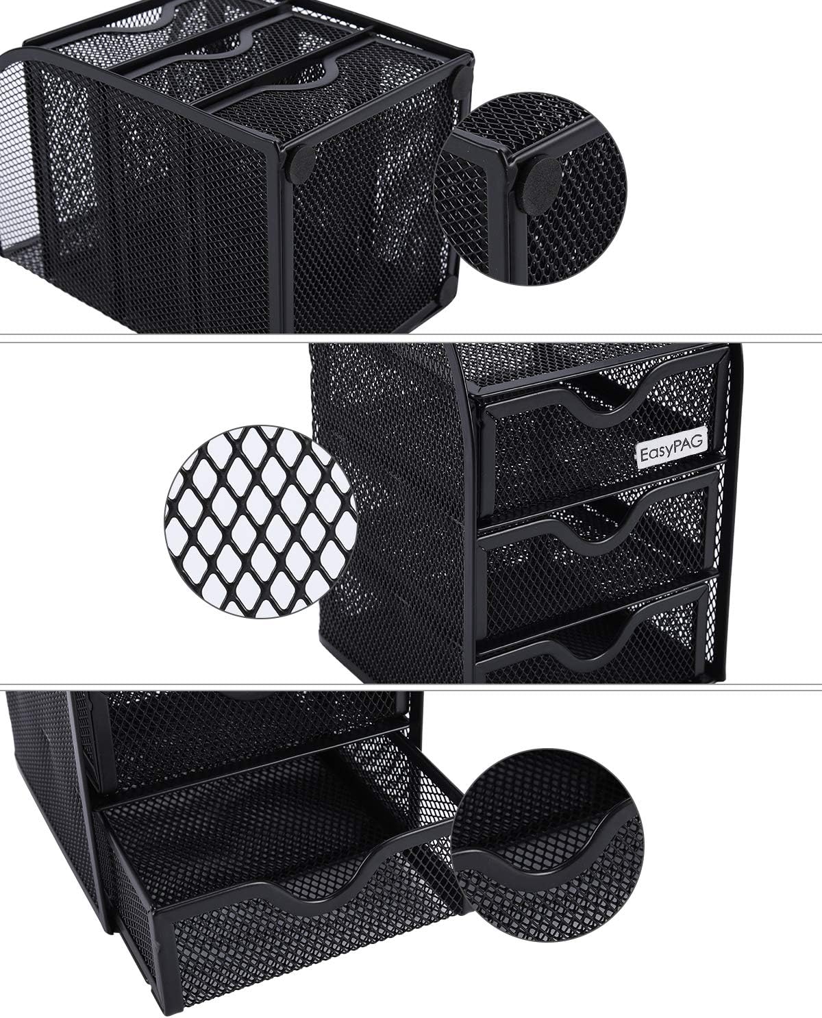 EasyPAG Mesh Desk Organizer with 3 Drawer Office Desktop Organizers and Accessories Stationery Caddy for Office, Home, Students, Black