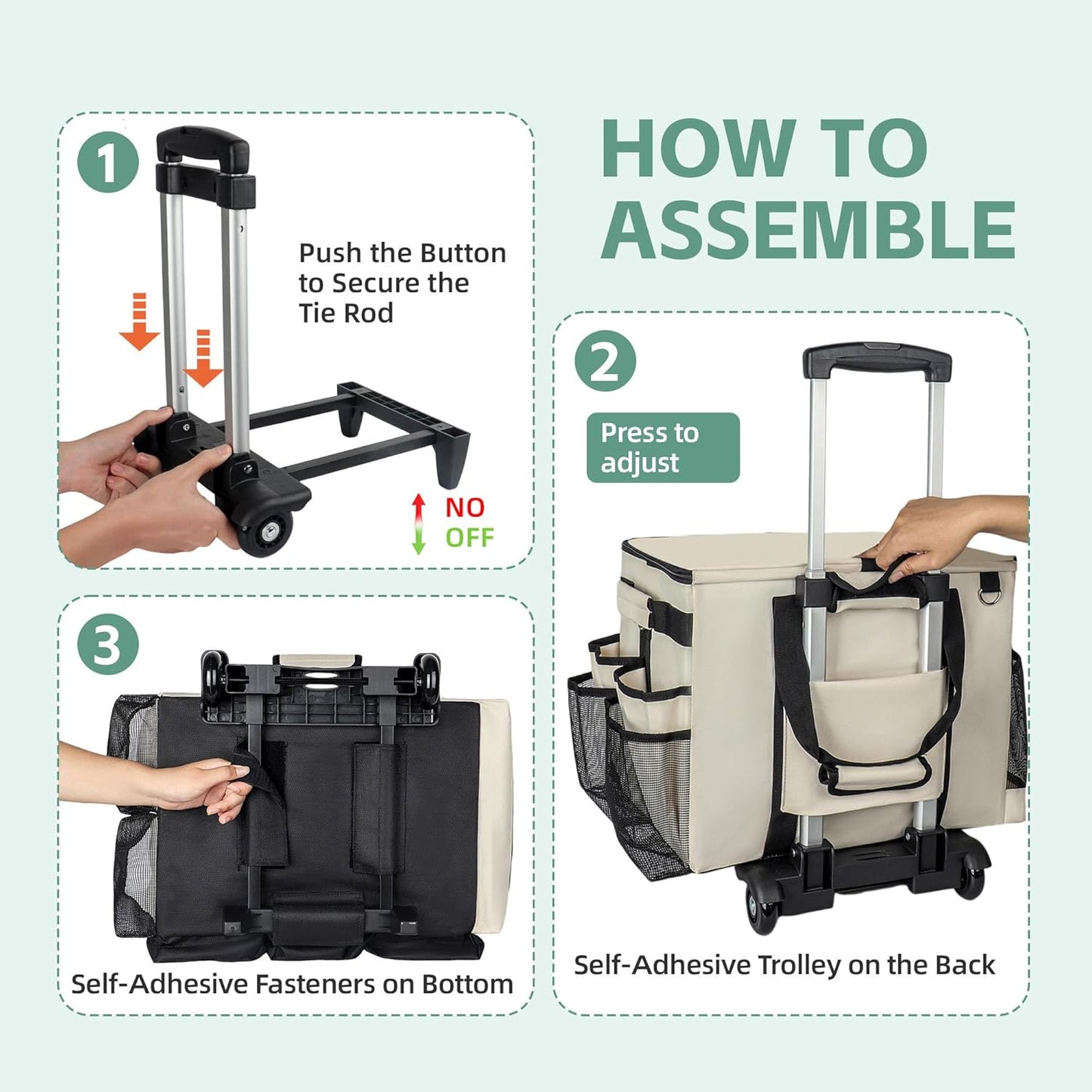 Large Rolling Cleaning Caddy Bag with Wheels, with Detachable Trolley, Cleaning Bags on Wheels for Housekeepers, Cleaning Cart Supplies Organizer for Home, Car, Picnic (Beige)