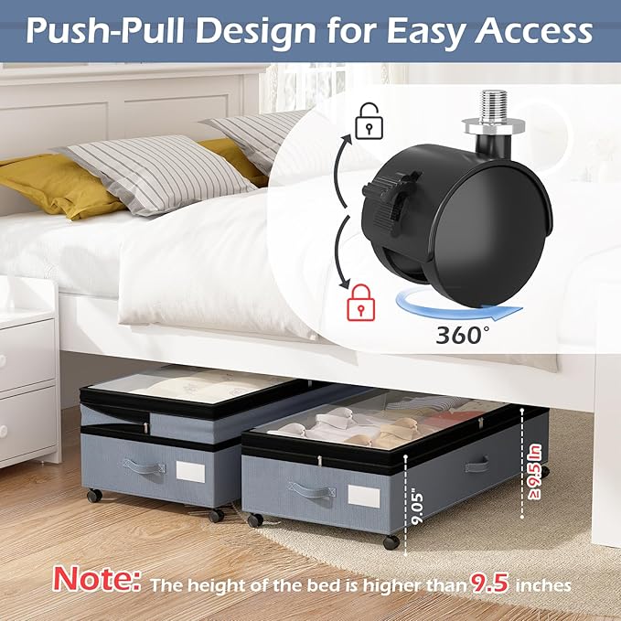 Underbed Storage Containers with Wheels and Lid Expandable Shoe Rolling Storage Bin Adjustable 9.8-10.6 Inch Height Under Bed Drawers for Dorm, Clothes, Blankets, Housewarming Gift 2 Pack Grey