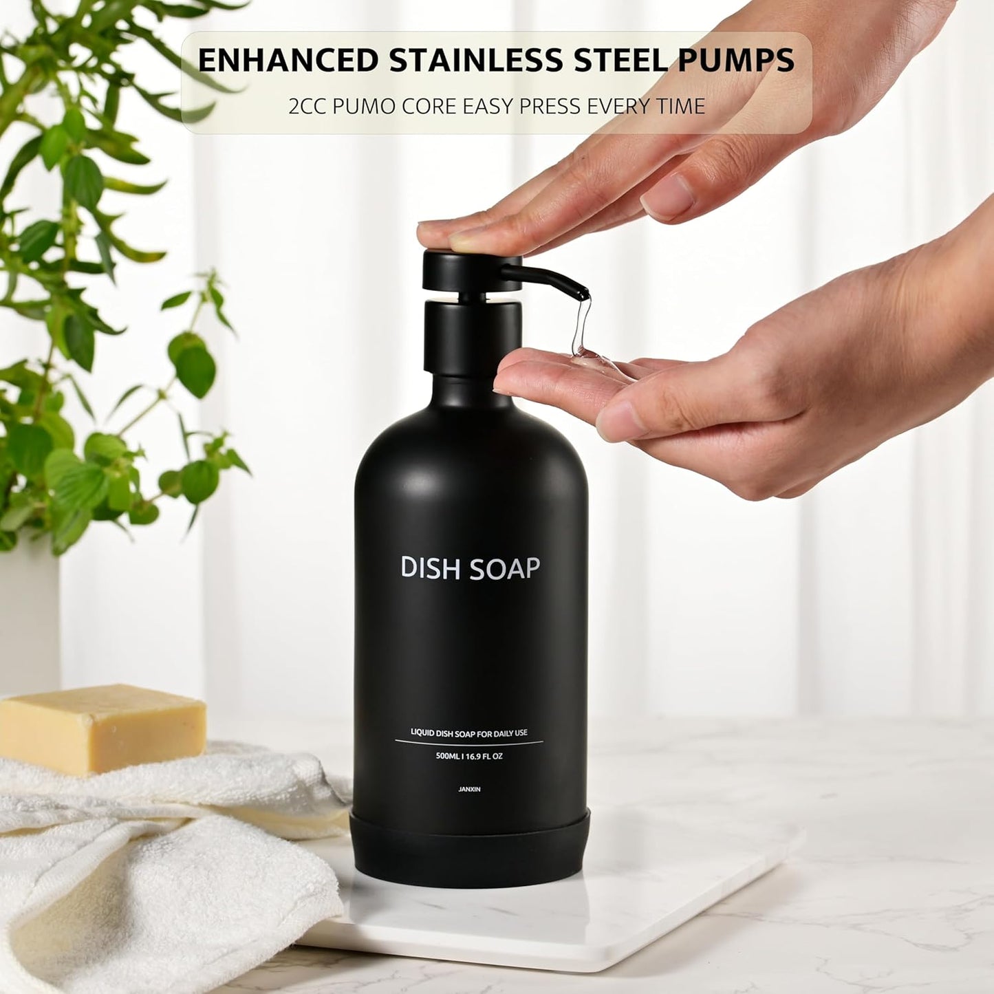 Kitchen Soap Dispenser Set with Non-Slip Protective Silicone Pad,Hand Soap Dispenser for Kitchen and Bathroom Decor, Black Kitchen Accessories (Black Bottles +Black Pumps)