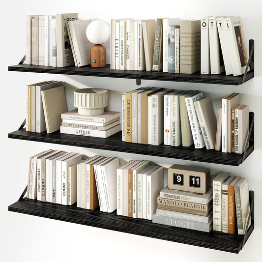Fun Memories Long Wall Shelves for Bedroom, Set of 3 Large 40-Inch Floating Bookshelves, Rustic Wood Display Shelf for Home and Office (Black)