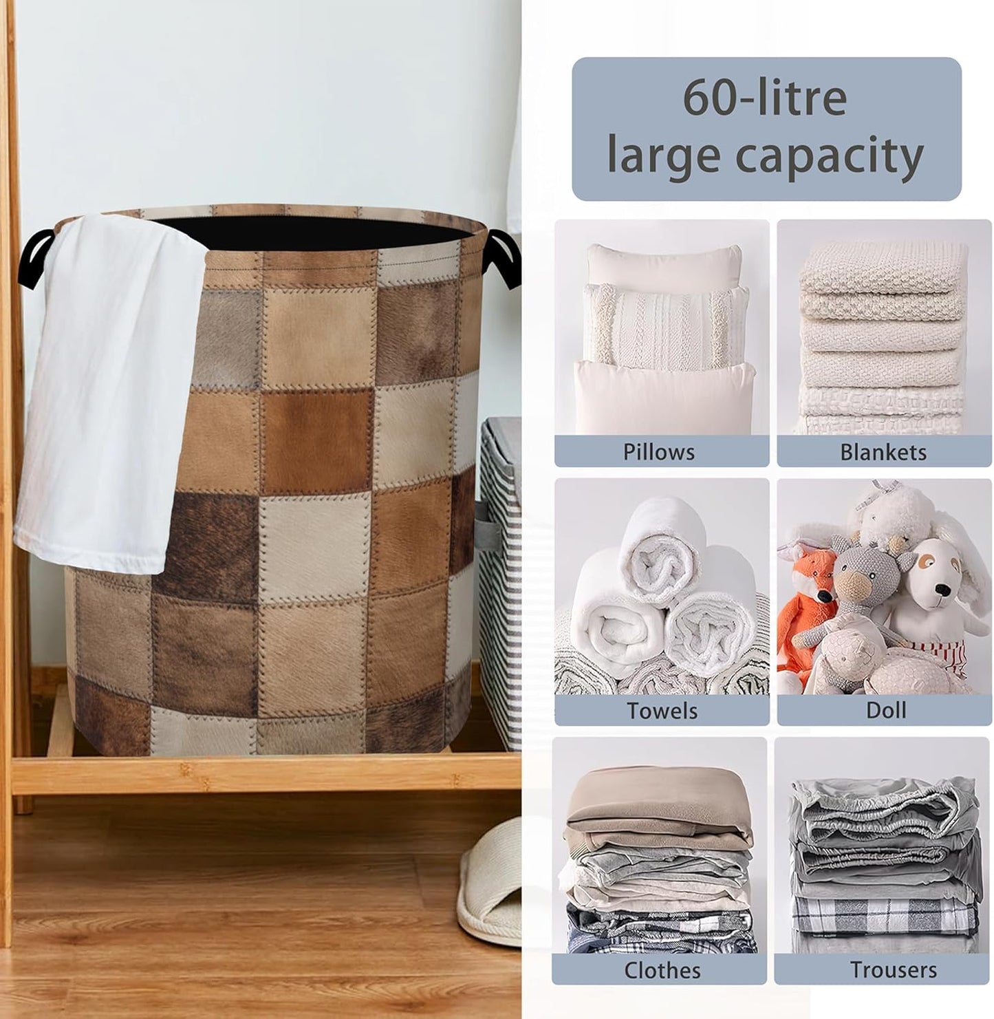 Vintage Cowhide Laundry Basket,Oxford Cloth Laundry Hamper with Handle Foldable Portable Clothes Storage Basket for Bathroom Bedroom Dorm Room 16" x 20.8"