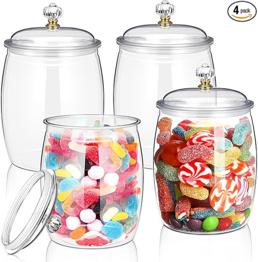 Nuogo 4 Pcs Plastic Candy and Cookie Jars with Lids Clear Cookie Container Candy Jars Large Airtight Apothecary Storage Organization for Wedding Home Kitchen Bar(42 oz)