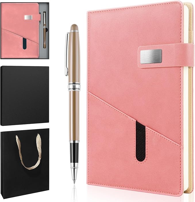 A5 Lined Leather Notebook and Pen Set with Gift Box, 243 Pages Refillable Journal with Pocket and Magnetic Buckle, Hardcover Daily Diary for Men and Women Business Travel Personal Writing- Pink
