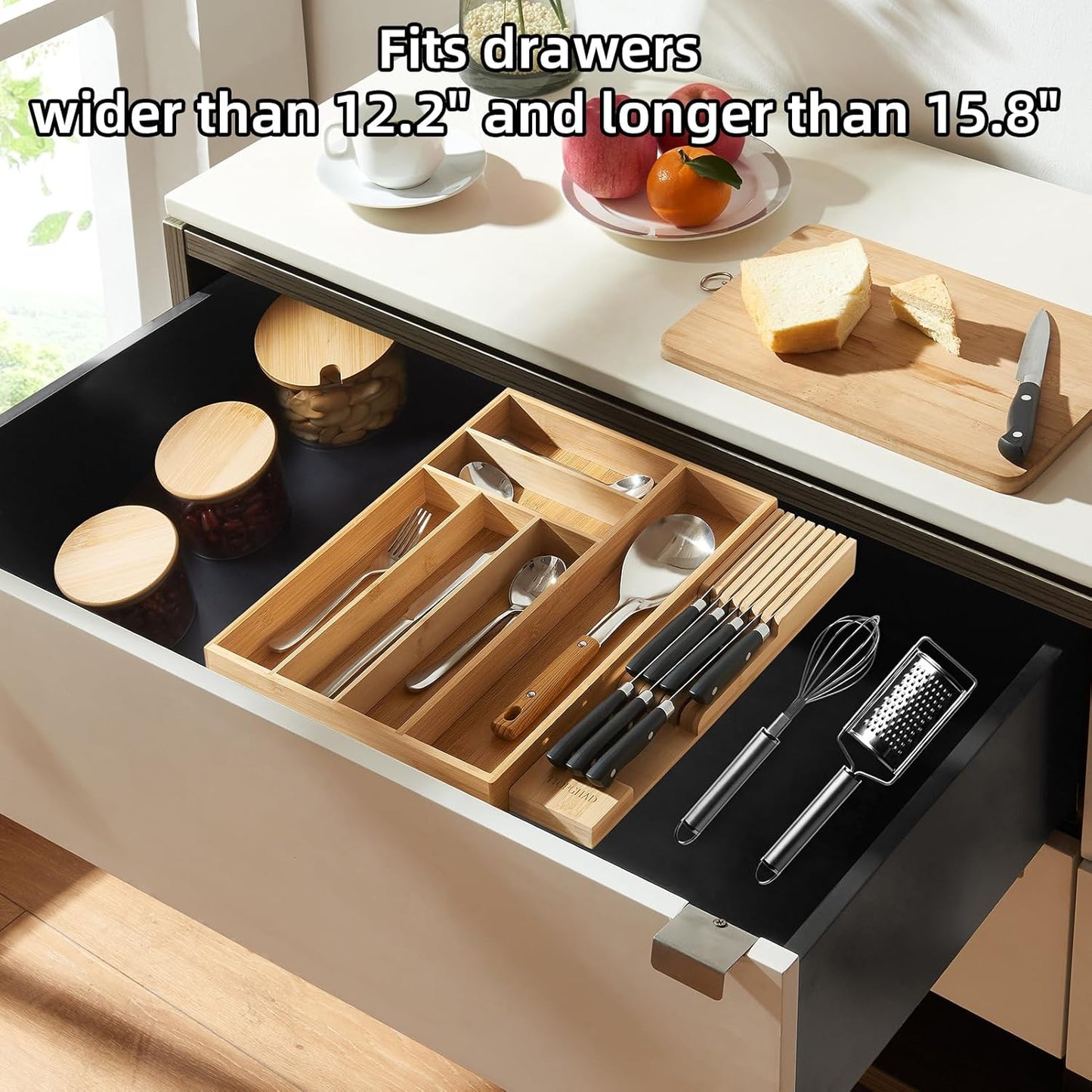 Small-Bamboo-Silverware-Drawer-Organizer, Expandable Utensil Kitchen Cutlery Tray Flatware Organization Adjustable Wood Tableware Dividers Storage (with Removable Knife Block)(Natural)