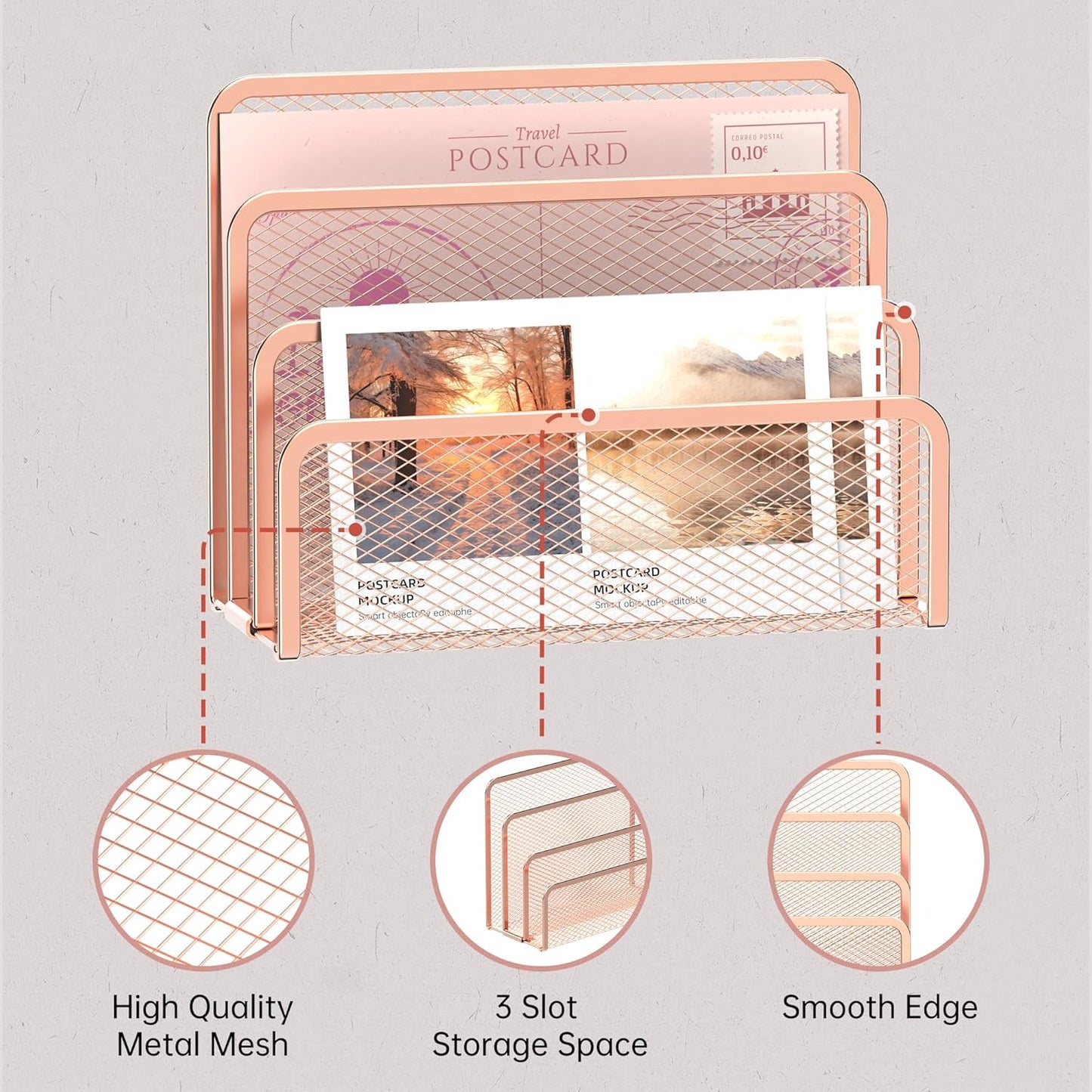 SUPEASY Mail Organizer for Desk, Mesh Metal Mail Holder Countertop with 3-Slot, Letter Sorter File Holder, Office Envelope Organizer for Mails (Rose Gold)