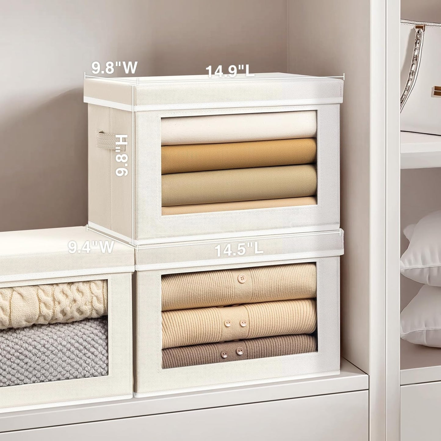 Stackable Storage Bins with Lids - Medium Storage Box with Lids, Foldable Closet Boxes for Organizing, Wardrobe Clothes Organizer with Window, Fabric Bins for Living Room, 6 Pack, Beige