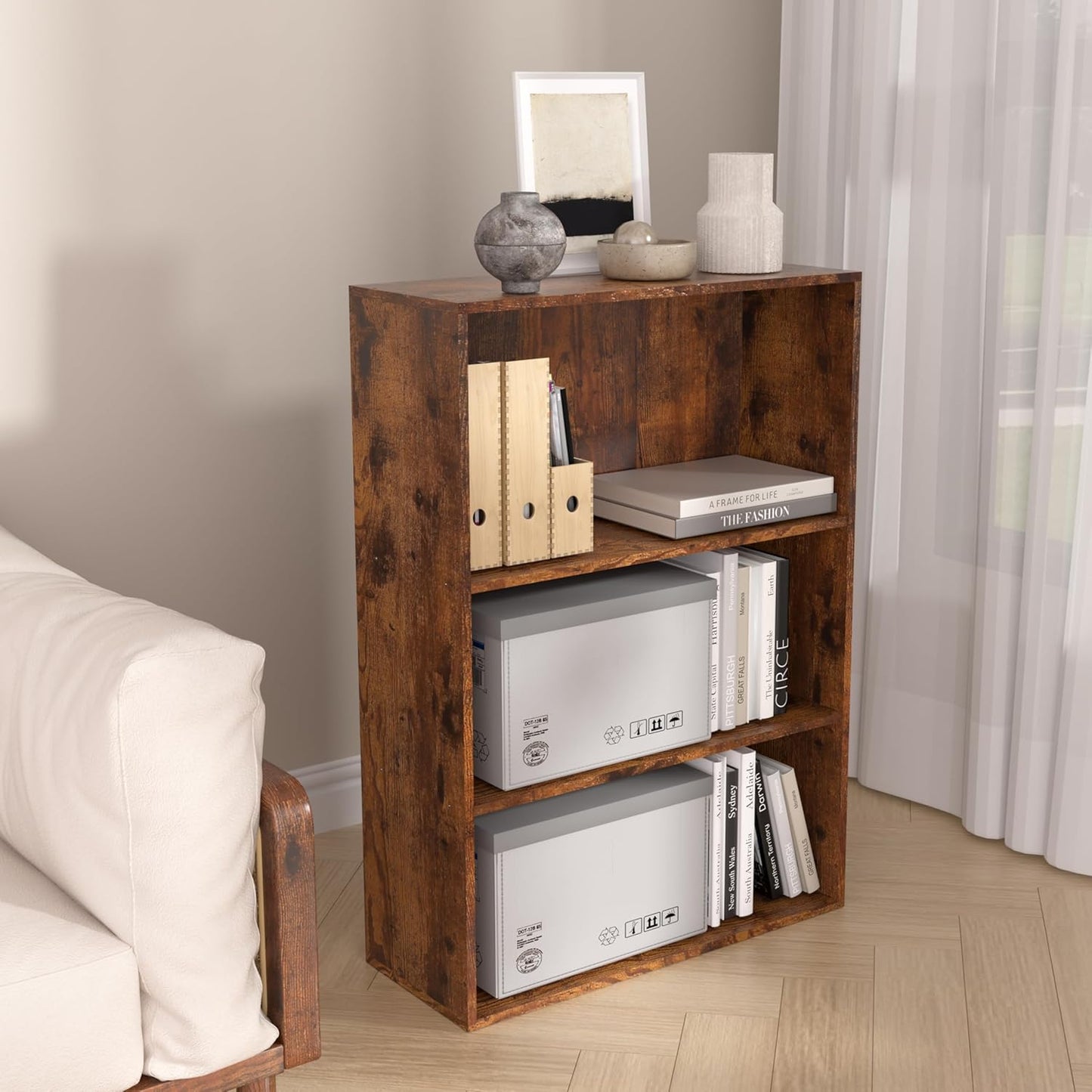 Wooden 3 Cube Storage Organizer,3 Tier Low Bookcase Storage Display Organizer, 33 Inch Versatile Cubes Shelf and Cubby Unit for Any Space (Brown, 3 Cube-W(23.6inch)