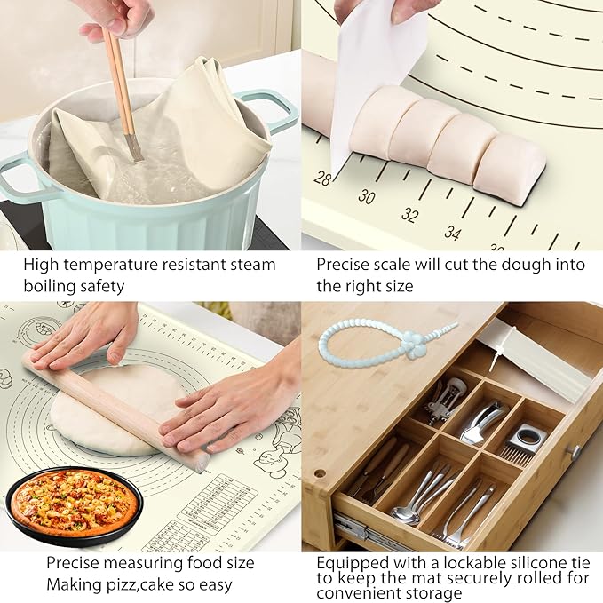 Silicone Baking Mat 28" x 20", Extra Thick Silicone Pastry Mat with Measurements and Edge Heightening, Non-stick Food Grade Dough Rolling Matfor for Pastry, Bread, Cookies, Pizza, Fondant, Pasta