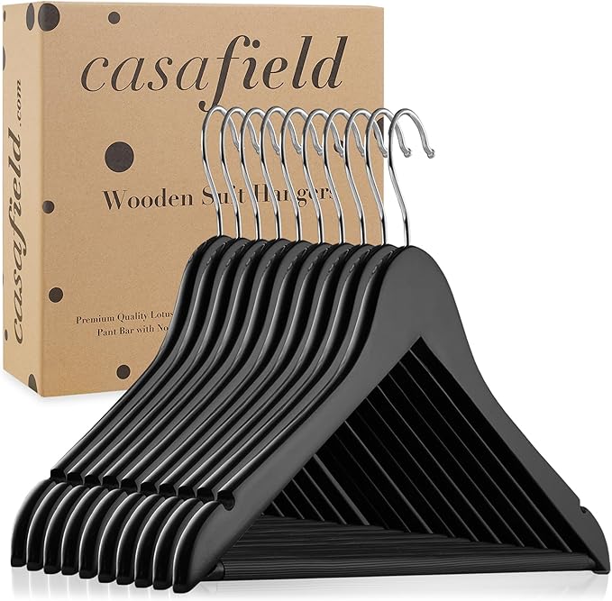 Casafield - 10 Black Wooden Suit Hangers - Premium Lotus Wood with Notches & Chrome Swivel Hook for Dress Clothes, Coats, Jackets, Pants, Shirts, Skirts
