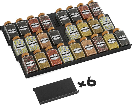 Artibear Expandable Aluminum Spice Rack Drawer Organizer for 8" to 16" Kitchen Cabinets Drawer Tray, Set of 6, Black