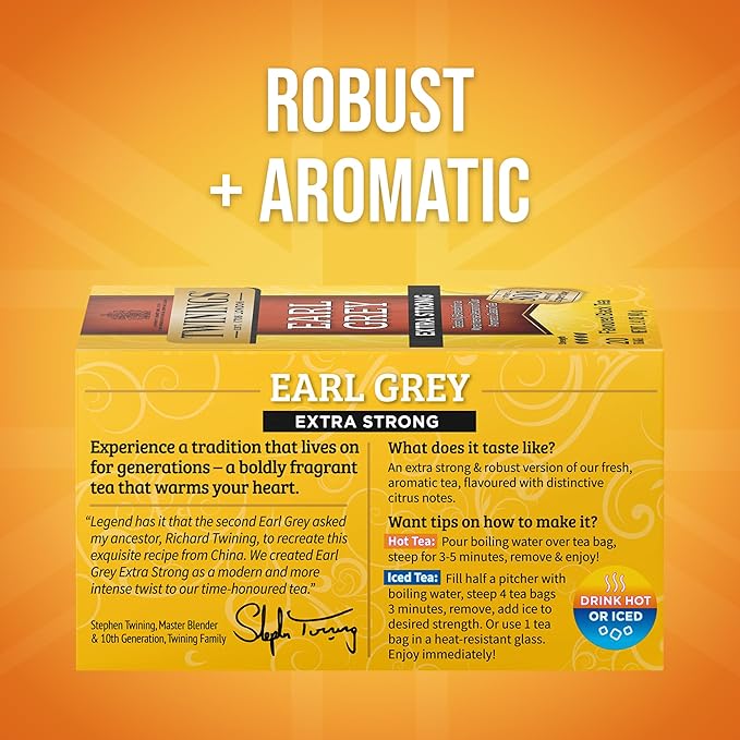 Twinings Earl Grey Extra Strong Black Tea Individually Wrapped Bags, 20 Count (Pack of 1), Flavoured with Citrus and Bergamot, Caffeinated, Enjoy Hot or Iced, 20 Teabags
