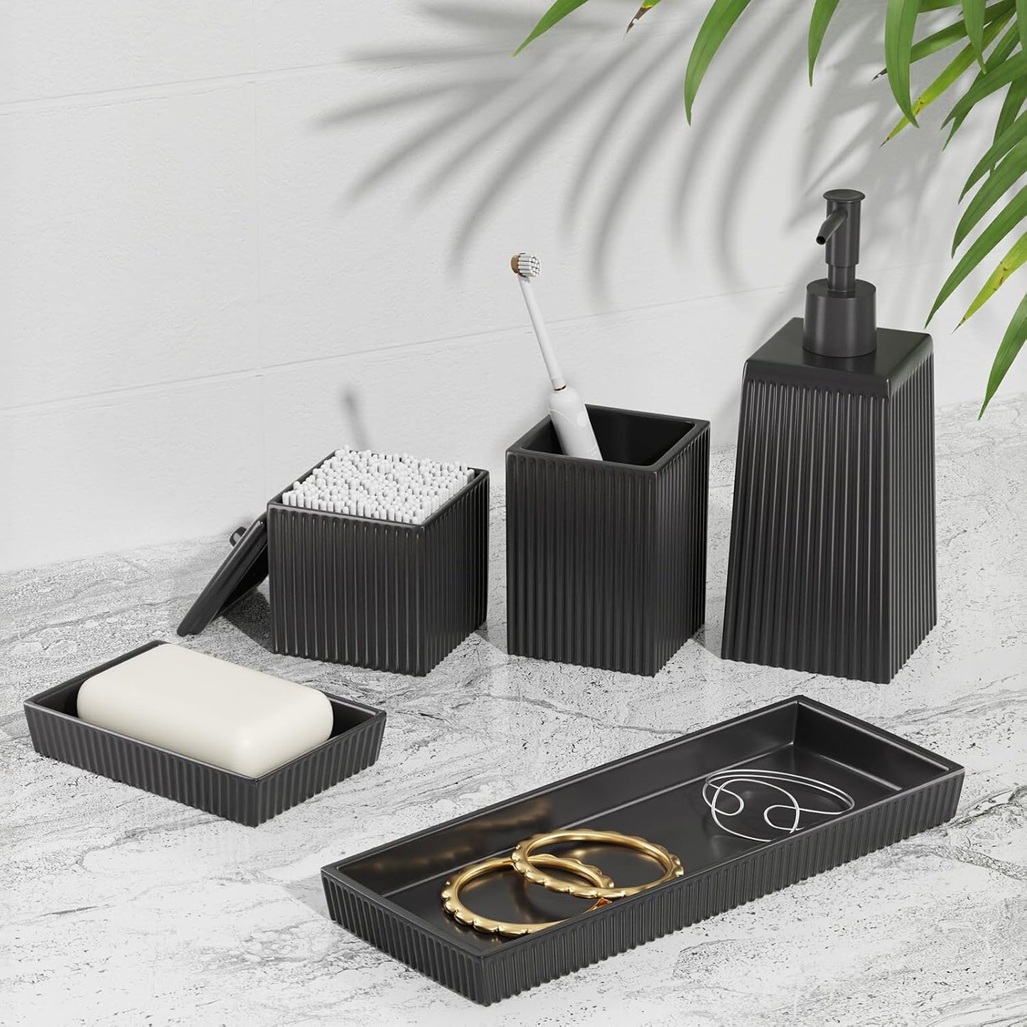 Bathroom Set - Black Bathroom Accessories Set, 5PCS Ceramic Bathroom Accessory Set, Bathroom Sets with Soap Dispenser, Toothbrush Tumbler, Soap Dish, Q-tip Holder & Vanity Tray