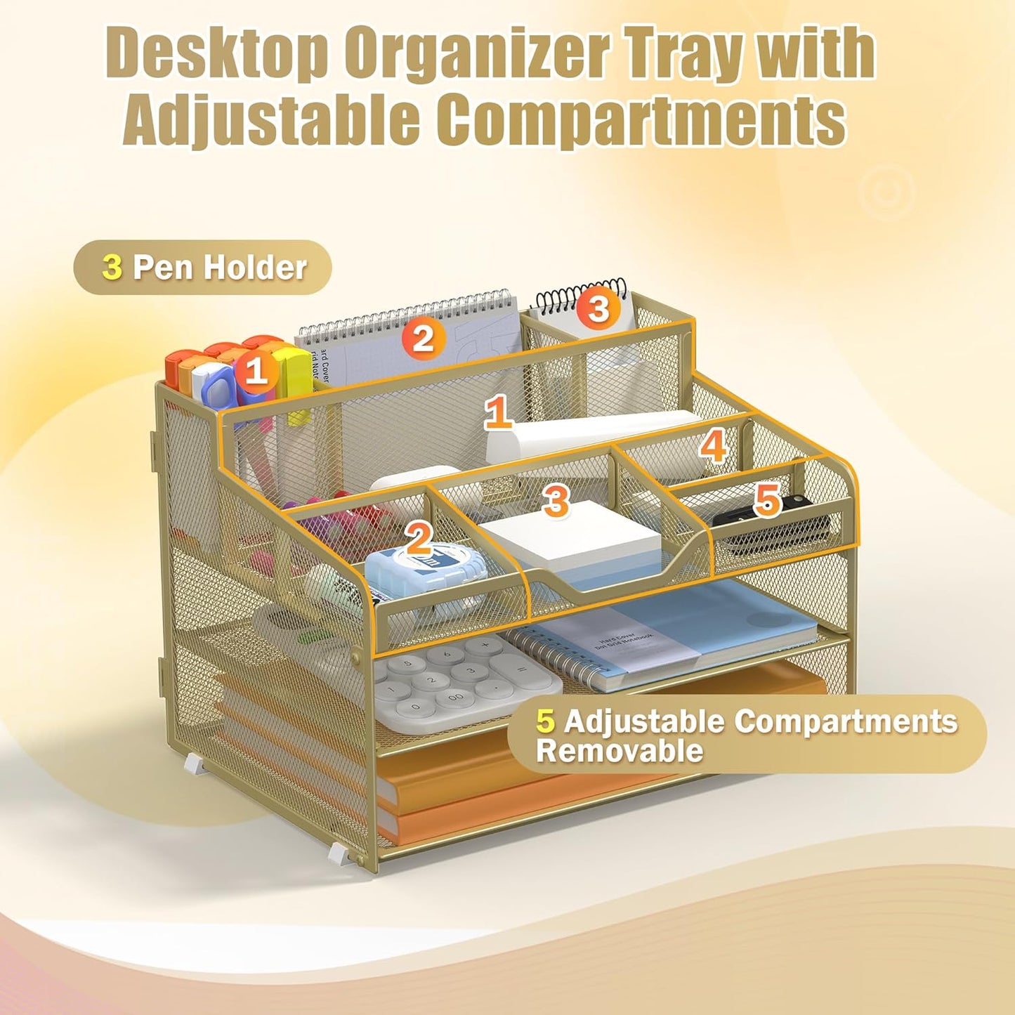 Docnest 3 Tier Mesh Desk Organizer for Paper Office Supplies – Multi-Functional Letter Tray with 5 Adjustable Compartments, 3 Pen Holders, Desktop Storage for Files, Mail, Stationery – Gold Yellow