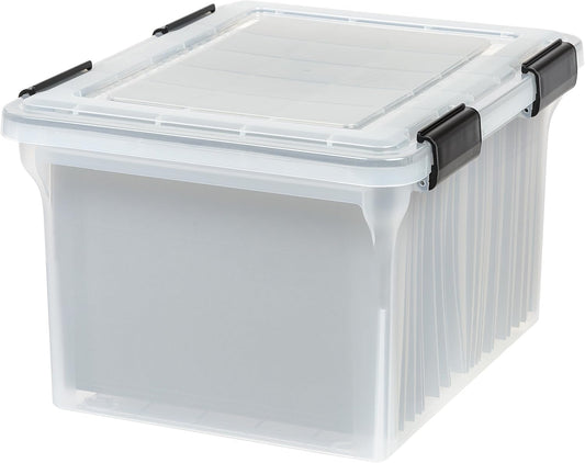 IRIS USA File Box WeatherPro File Organizer Plastic File Box for Letter/Legal File, Water Resistant Document Box, Durable Lid, Seal w/ Secure Latching Buckles, Stackable, Nestable, Clear 32 Qt. 1 Pack