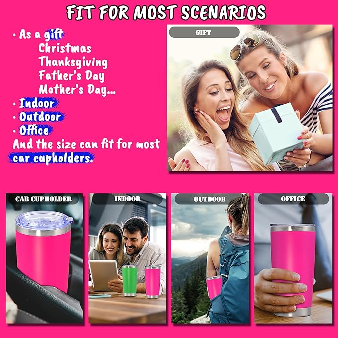 20 oz Tumbler with lid Double Wall Vacuum Insulated Tumblers Stainless Steel Coffee Mug Travel Coffee Tumbler Powder Coated Tumbler Cup Keep Hot&Cold - (Hot Pink 6 Pack)