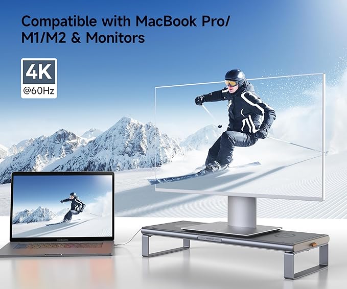 Monitor Stand HUB - Aluminum Riser with 6-in-1 Docking Station: 4K HDMI, USB-C, USB 3.0, PD 100W, Wireless Charging, Drawer Organizer - Gray