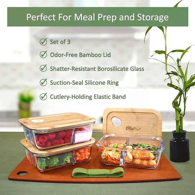 Glass Bento Box Containers with Bamboo Lids, 3 Compartment Glass Meal Prep Containers (3 Pack) - 100% Plastic Free, Eco-Friendly Lunch Container Set, Bamboo Lid Bento Boxes for Adults