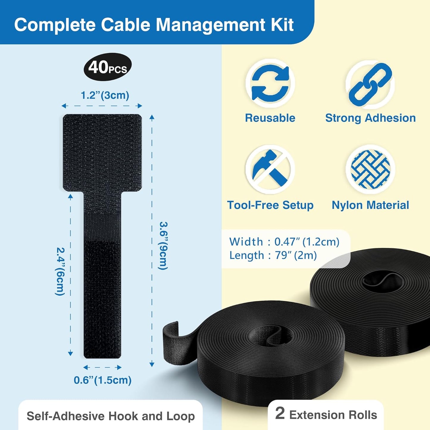 Cable Management Kit – 40 Self-Adhesive Hook and Loop Ties with 2 Extension Straps – Made with 3M Tape, Back-Sticky Cord Organizer for Under Desk, Wall, Home, Office – Adjustable Wire Holders (Black)