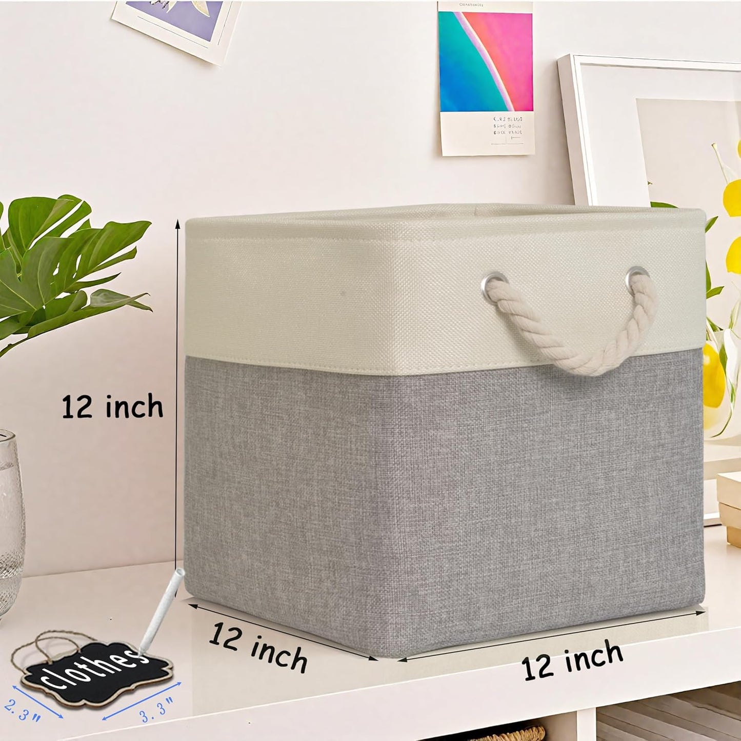 12x12 storage cube bins[6 Pack],Fabric Storage Cubes with Rope Handles, Eco-Friendly Linen Collapsible Organizers for Closet, Nursery, Toys, Office, Bathroom – Dual Color Design.(White&Grey)