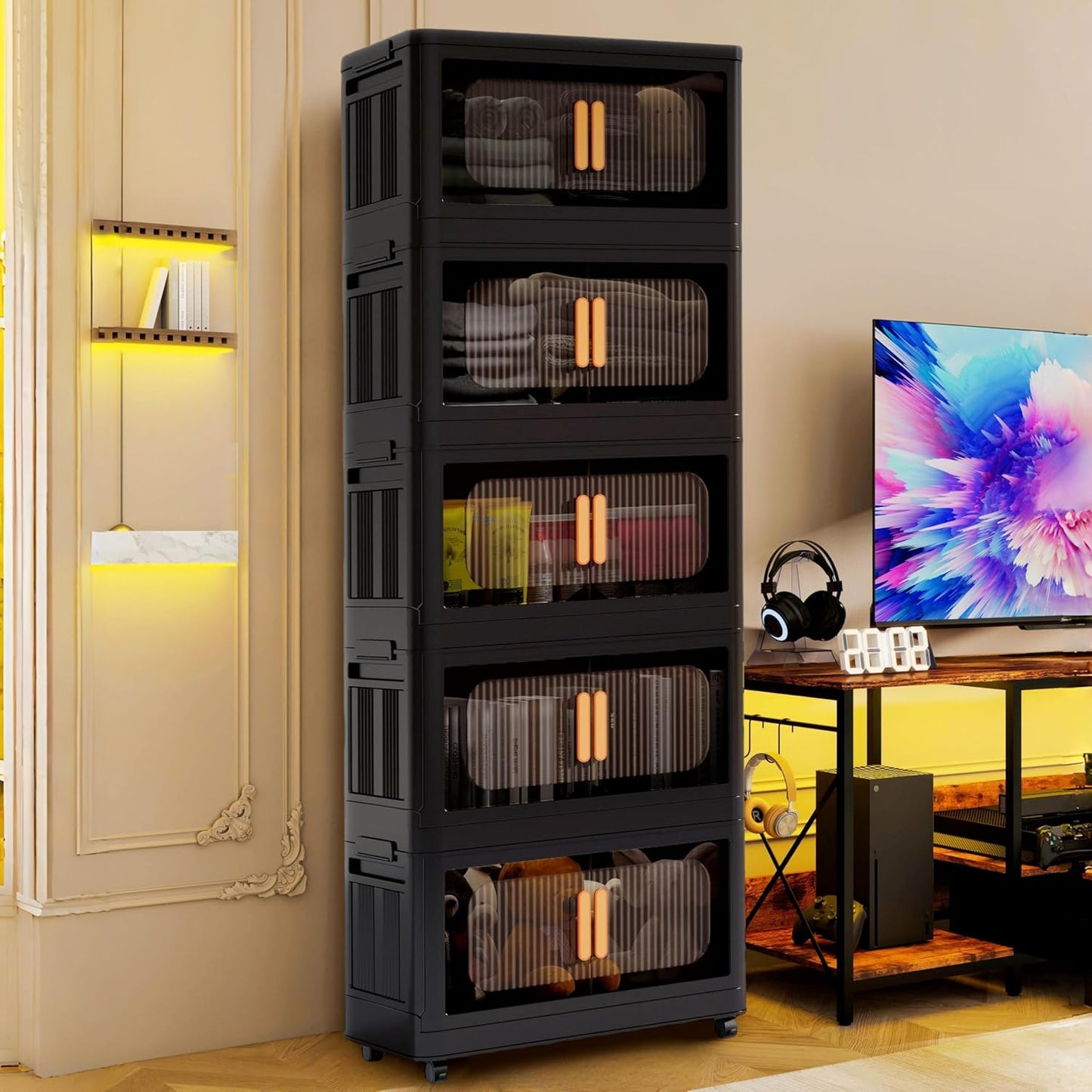 Holaki 320 QT Collapsible Closet Organizers with Lid, Stackable Plastic Storage Bins Cabinet with Wheels and Magnetic Door 5 Pack(Black Larger)