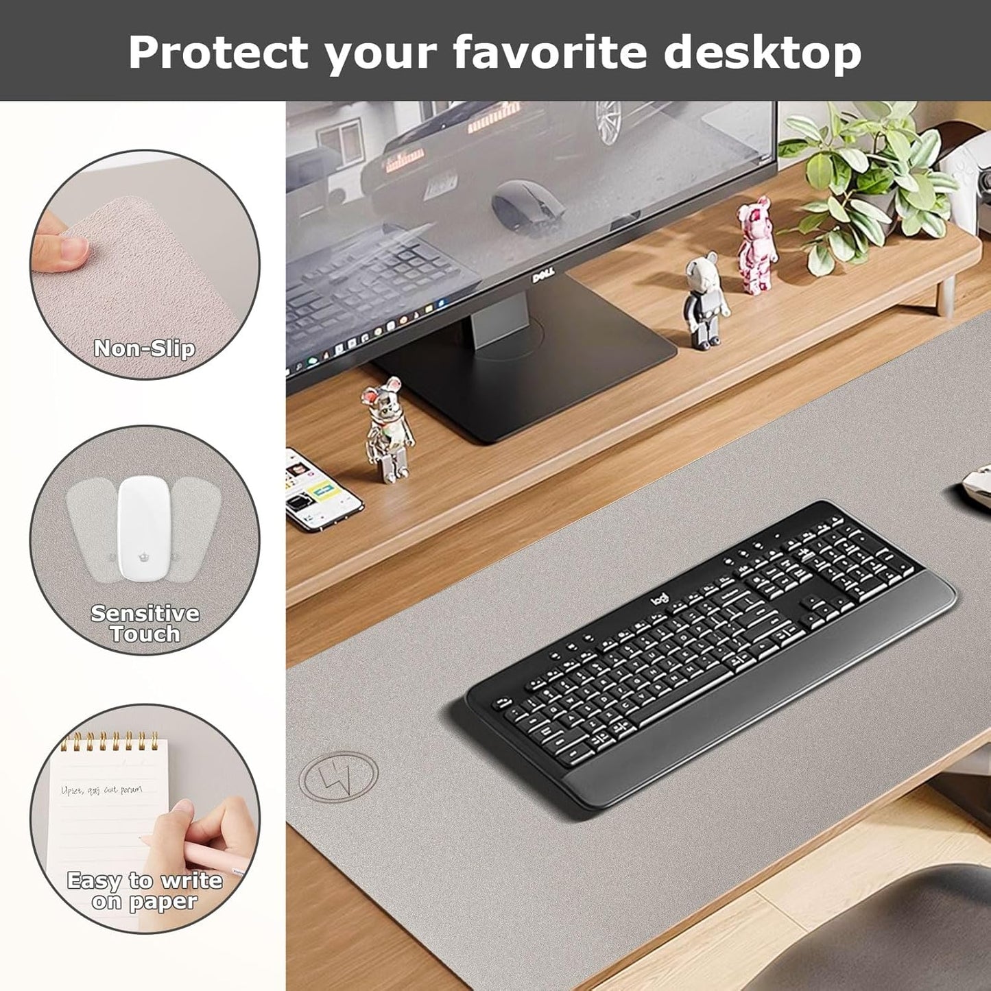 Wireless Charging Mouse Pad Firelison 2 in 1 Leather Multifunctional Office Desk Pad with Non-Slip Rubber Base, Waterproof Desk pad for Computers/Office/Work/Home/Decor（ 32" x 16"Grey - L）