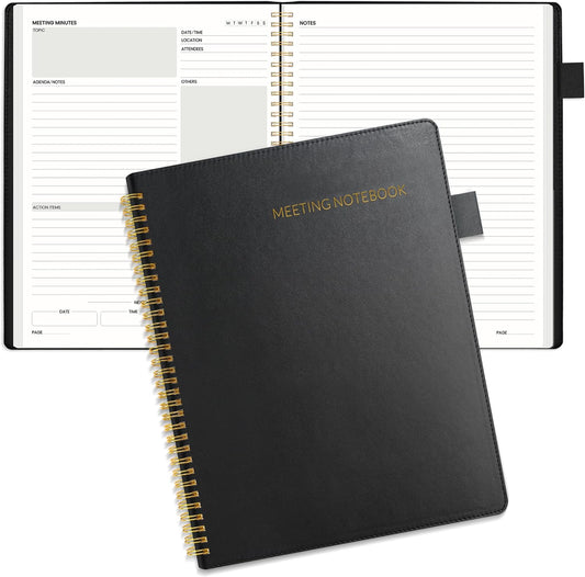 SUNEE Half Meeting Half Note - 8.5"x11" Professional Notebooks for Work - 160 Pages, A4 Size Project Planner, Spiral Meeting Agenda Organizer for Women Men, Note Taking,Office with Vegan Leather Cover