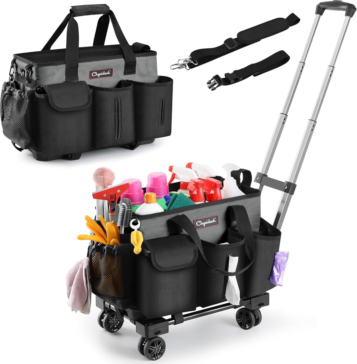 Rolling Cleaning Caddy, Cleaning Supplies Organizer with Trolley, Wearable Cleaning Tote Bag on Wheels with Hard Bottom, Cleaning Carts for Housekeepers/Home/Car/Office/Picnic (Grey)