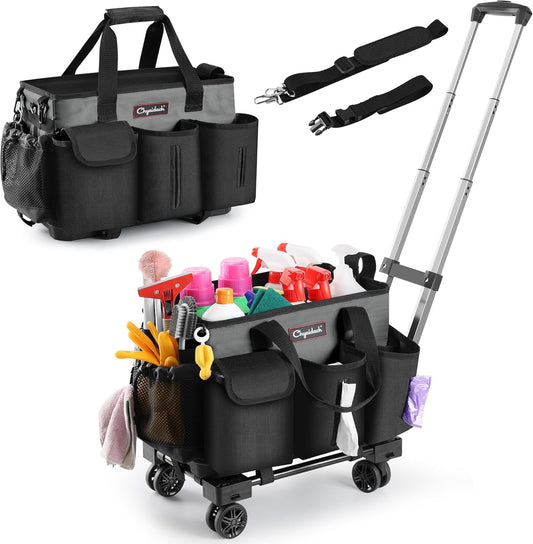 Rolling Cleaning Caddy, Cleaning Supplies Organizer with Trolley, Wearable Cleaning Tote Bag on Wheels with Hard Bottom, Cleaning Carts for Housekeepers/Home/Car/Office/Picnic (Grey)