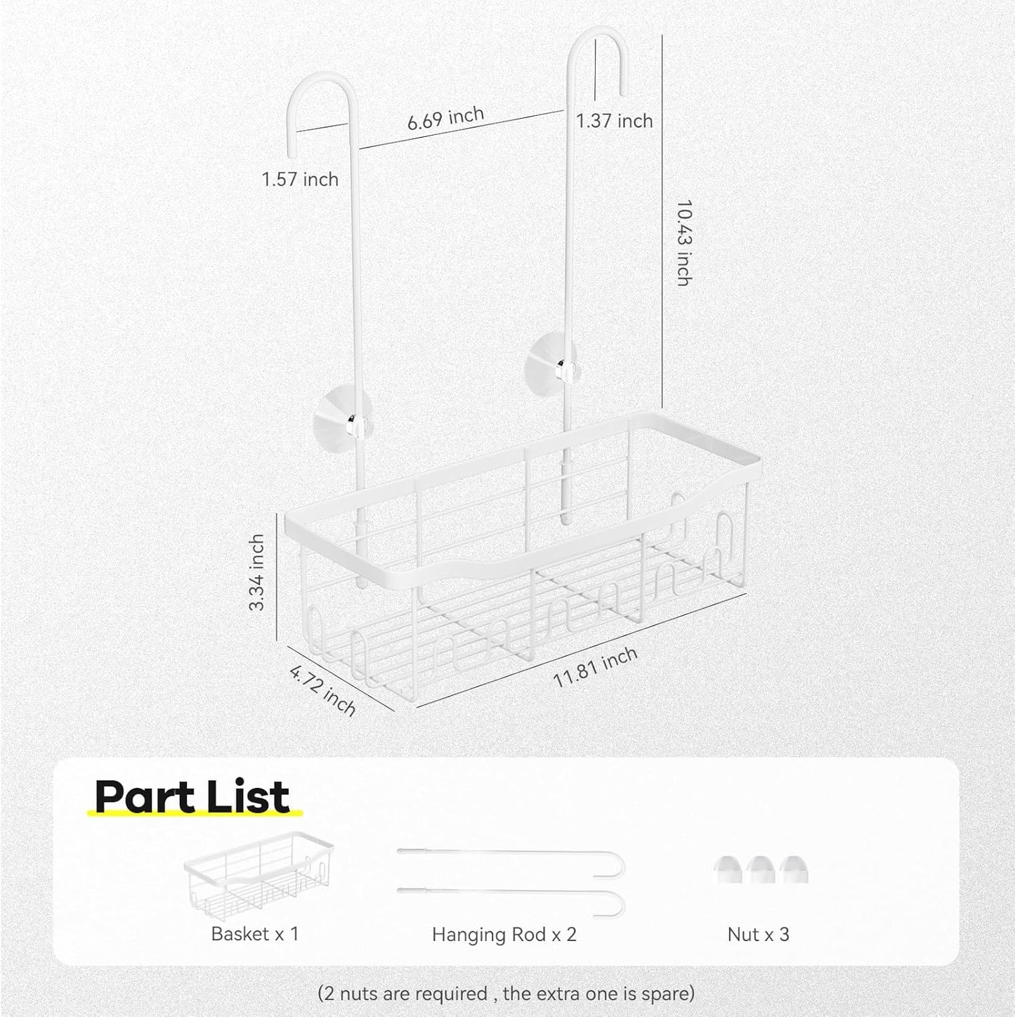 BYT Shower Caddy Hanging, Organizer Hanging for Bathroom, Shower Basket with Hooks, Shower Storage, Shelf, Rack No Drilling for Faucet or Cross Bar (White)