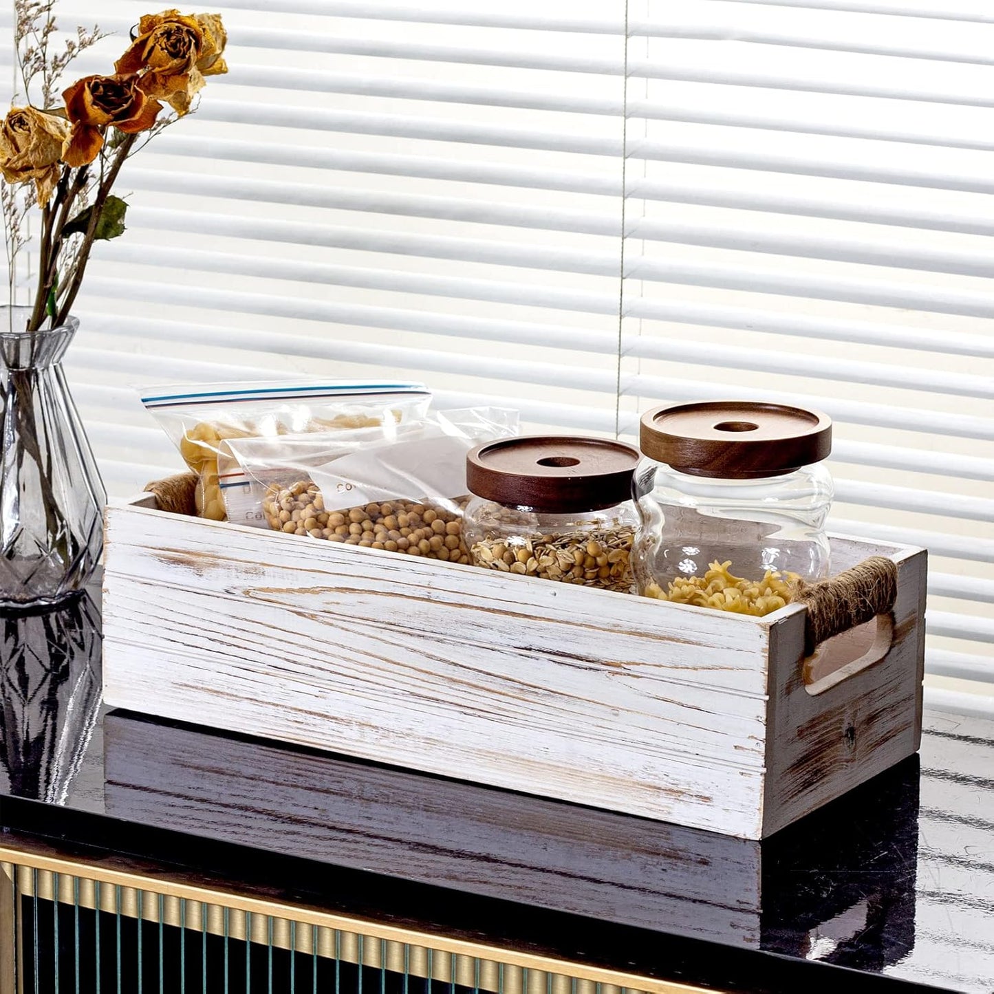 TIMRIS Rustic Wooden Toilet Paper Holder, Farmhouse Bathroom Decor, Toilet Tank Basket, Decorative Storage Container (Whitewash)