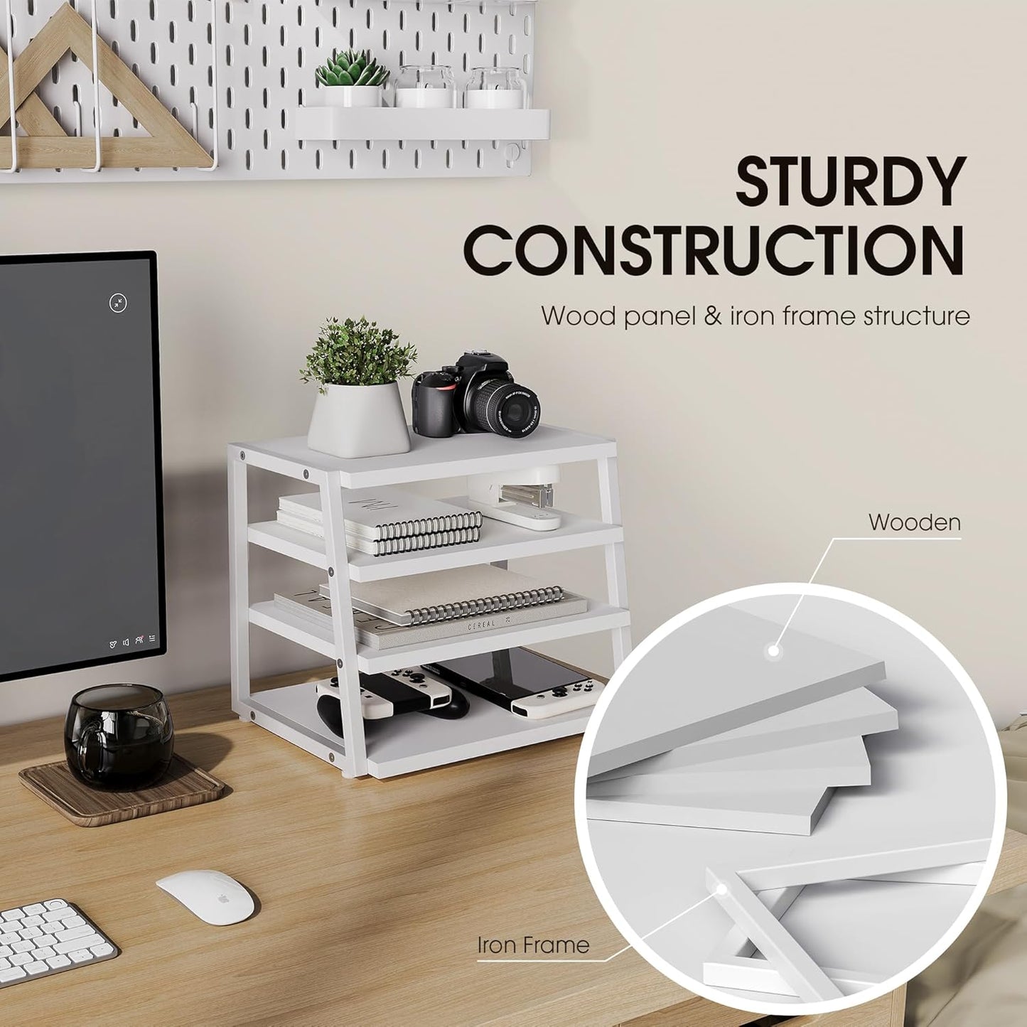 Fenge Desk Shelf Organizer, 4 Tier Desktop Shelf, Wood and Metal Office Shelves, Corner File Organizer for Office Supplies, Top of Desk Organizers and Accessories