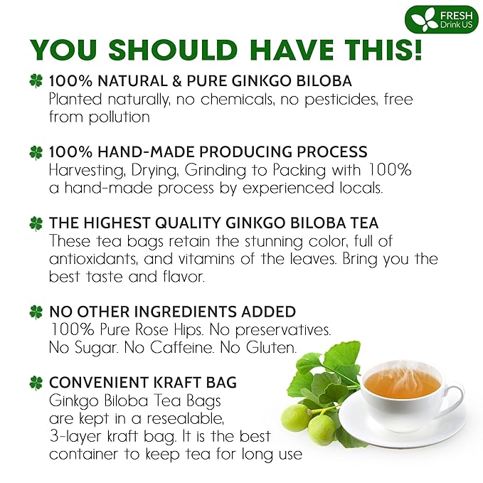FreshDrinkUS, Premium 135 Ginkgo Biloba Leaf Tea Bags, 100% Natural & Pure from Ginkgo Biloba Leaves. Loose Leaf Herbal Tea. Made with Eco-Conscious Tea Bags. No Sugar, No Caffeine, No Gluten, Vegan.