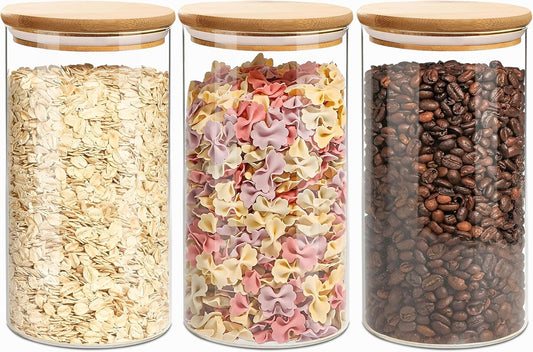 1.5 Qt Round Glass Storage Containers with Lids, Clear Food Storage Container Jar with Sealing Bamboo Lid for Noodles Flour Cereal Rice Sugar Tea Coffee Beans（Round-3Pack ）