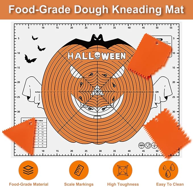 Halloween Silicone Baking Mat Set - 24"X18" Dough Mat With Measurements And 3 Dough Scrapers, Non-Stick Reusable Pastry Mat For Rolling, Kneading, Cookie Bread Pizza Making