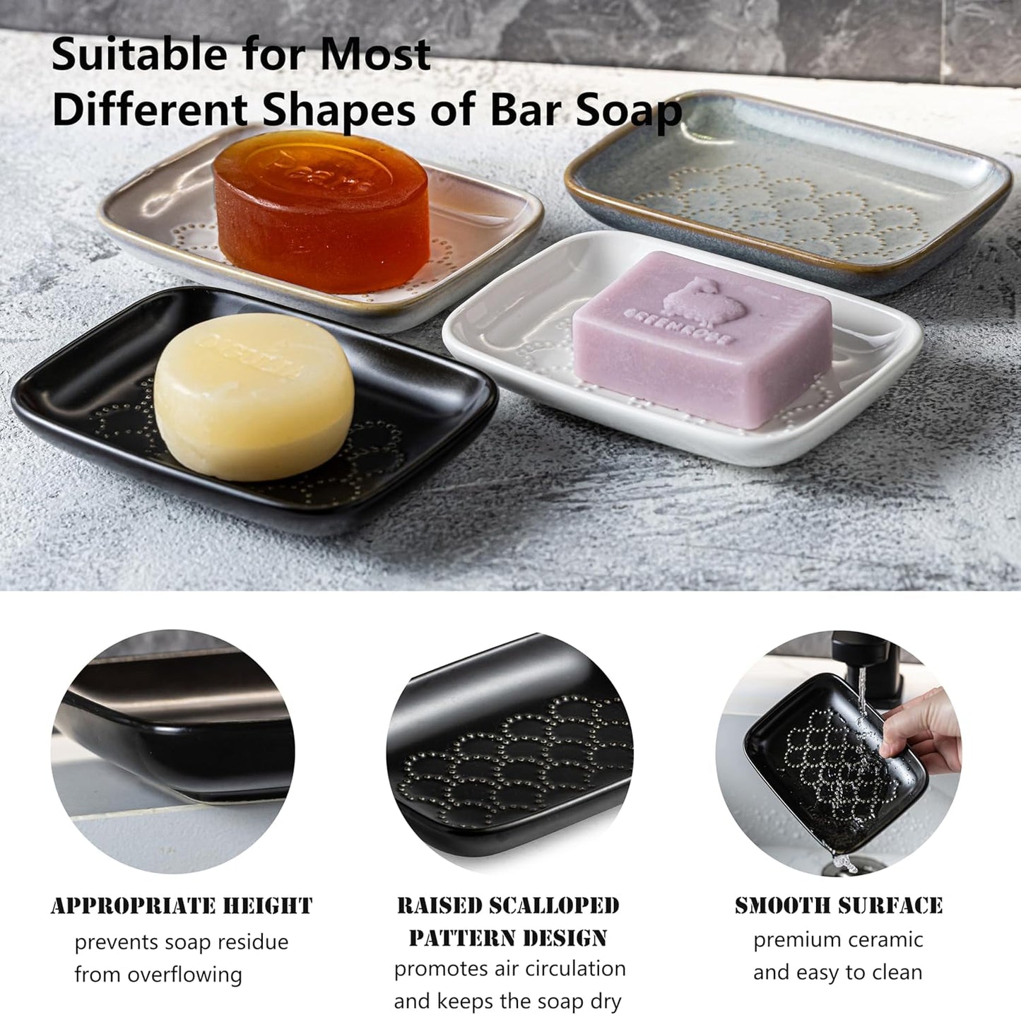 Gomakren Soap Dish for Shower, Ceramic Soap Dishes for Bar Soap Sponge, Christmas Shower Soap Holder Saver Tray for Bathroom Kitchen Sink, Easy to Clean, Black