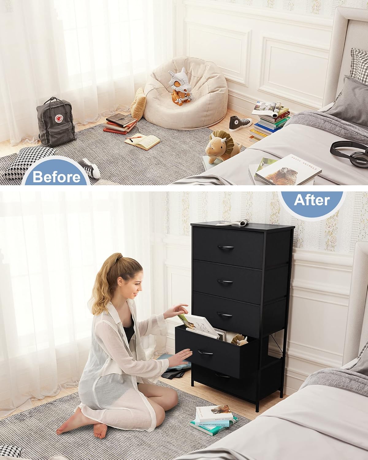 Crestlive Products Vertical Dresser Storage Tower - Sturdy Steel Frame, Wood Top, Easy Pull Fabric Bins - Wide Organizer Unit for Bedroom, Hallway, Entryway, Closets - 5 Drawers(Black)